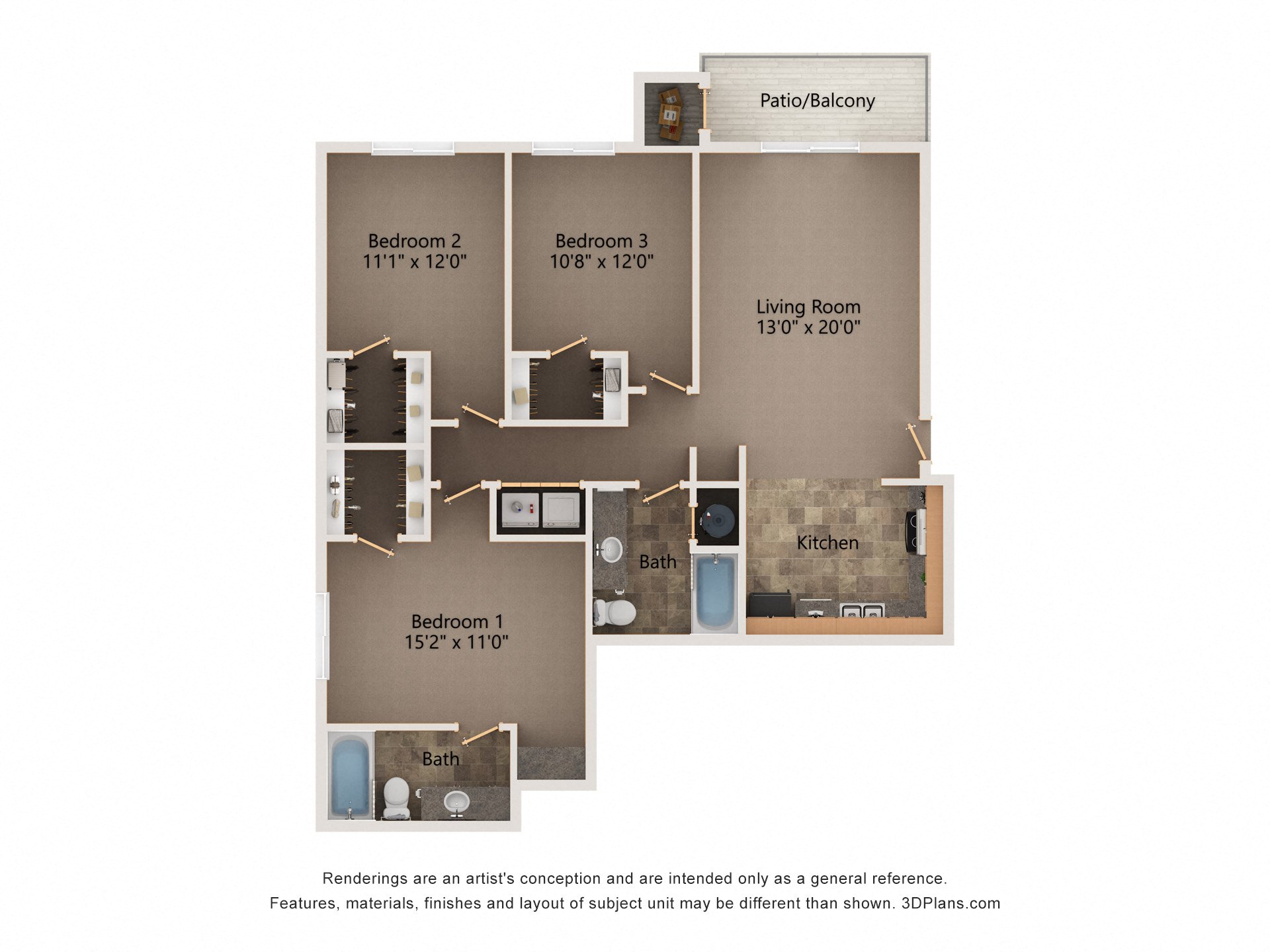 Floor plan for 3 beds, 2 baths, 1336 sqft